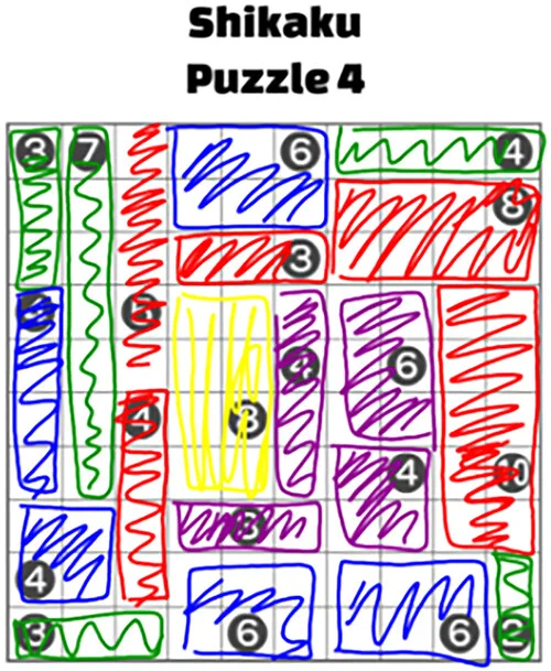 Color-coded Shikaku puzzle grid with numbered cells and various colored sections filled with scribbles representing different areas.