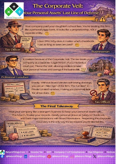 Image provided by ReturnFilings.Com it contains "I own 99%—it’s my money!" 🗣️
Legally, that’s a one-way ticket to losing your personal liability protection. ⚠️

When you treat your Pvt Ltd like a proprietorship, you "Pierce the Corporate Veil." 📉 Tax officers and courts can then bypass the company and come after your personal home and assets to settle business debts. 🚫

Respect the boundary! 🛡️ Ensure every withdrawal is documented as Salary, Dividend, or a formal loan with a Board Resolution. Protect your personal wealth by treating your company as a separate entity ! ✨

#ReturnFiling #Returnfilings #CorporateVeil #PvtLtd #StartupCompliance #FinanceFacts #AuditReady #AssetProtection