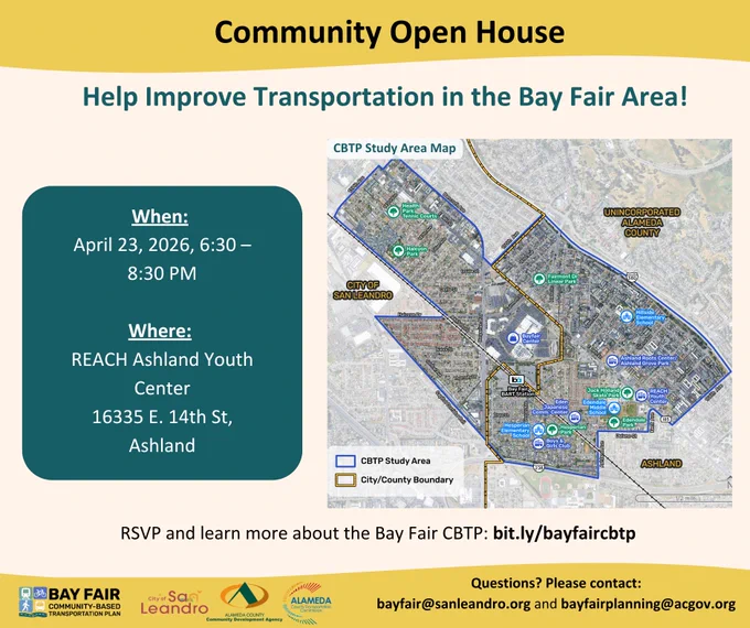English version of map showing Bay Fair area with CBTP study boundaries and key locations for community open house event on April 23, 2026, in Ashland, CA.