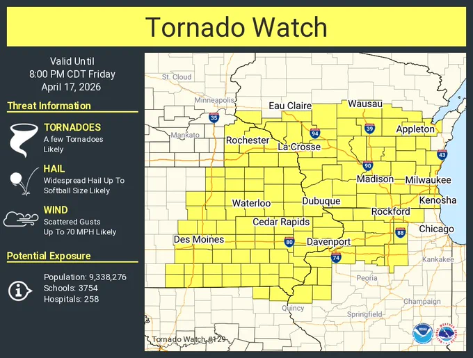 This graphic displays Tornado Watch watch number 129 plotted on a map. The watch is in effect until 8:00 PM CDT. The watch includes parts of Illinois, Iowa, Minnesota, Missouri and Wisconsin. The threats associated with this watch are a few tornadoes likely, widespread hail up to softball size likely and scattered gusts up to 70 mph likely. There are 9,338,276 people in the watch along with 3754 schools and 258 hospitals.