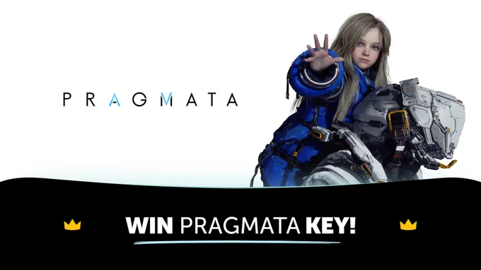 A girl in a futuristic blue outfit is sitting on the back of a man in a spacesuit and reaching out her hand. At the top, the word “PRAGMATA” is displayed. Below it is the text “WIN A PRAGMATA KEY!” decorated with yellow Kinguin crowns.