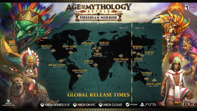 Time zone map for the release of Obsidian Mirror for Age of Mythology: Retold, releasing April 21st or 22nd depending on region. Rated T for fantasy violence, online user interaction. 
 
Gold text marks release times across a gray fabric map with black continents. Composited key art from the DLC shows illustrations of Quetzalcoatl and Iztaccíhuatl on the left side, and illustrations of Huitzilopochtli, Tezcatlipoca, and Popocatepetl in front of an erupting volcano on the right. Logos for Xbox Series X|S, Xbox on PC, Xbox Cloud, Steam, and PlayStation 5 are positioned at the bottom.
 
Seattle 10am PDT April 21st
Mexico City 11am CST April 21st
New York 1pm EDT April 21st
São Paulo 14:00 BRT April 21st
London 6pm BST April 21st
Lagos 18:00 WAT April 21st
Paris 19:00 CEST April 21st
Berlin 19:00 CEST April 21st
New Delhi 10:30pm IST April 21st
Beijing 01:00 CST April 22nd
Seoul 02:00 KST April 22nd
Tokyo 02:00 JST April 22nd
Sydney 3am AEST April 22nd
Auckland 5am NZST April 22nd