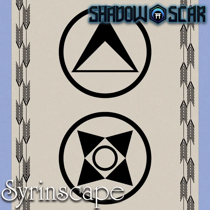 Two symbols are on a white background. One of the symbols is a stylized triangle within a cirlce. The second symbol is below the first and looks to be a pointed square. It also sits within a circle. A Shadow Scar logo is at the top right and a Syrinscape logo is at the bottom left. 