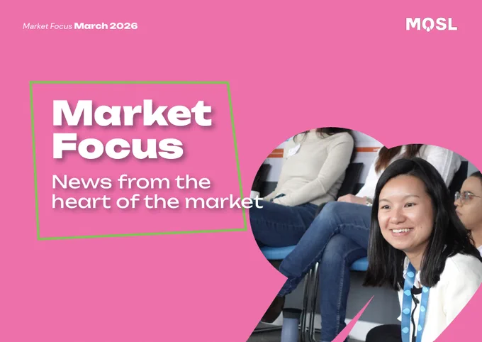The image features a promotional graphic for "Market Focus" with the text "News from the heart of the market" and "March 2026" on a pink background. It includes the MOSL logo in the top right corner. A photo of people seated in an office setting is partially visible on the right side.