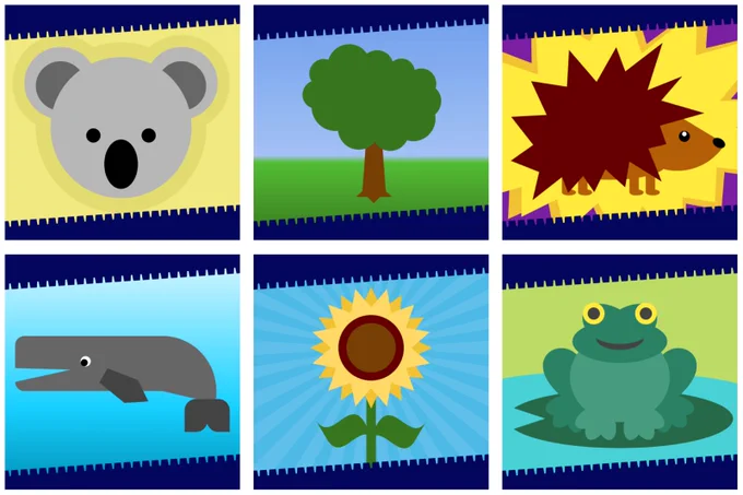 6 drawings of plants and animals