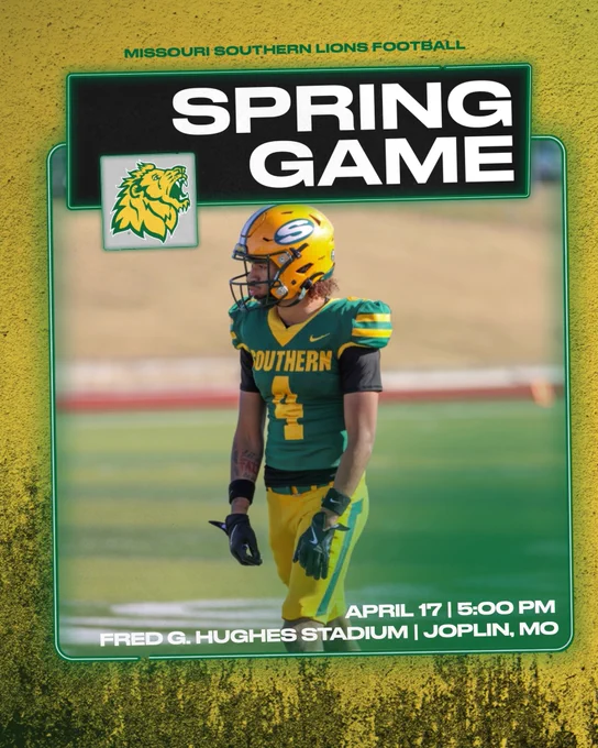 Time for our 2026 Missouri Southern Spring Football Game!! 
5 p.m., CT at Fred G. Hughes Stadium. Free Admission