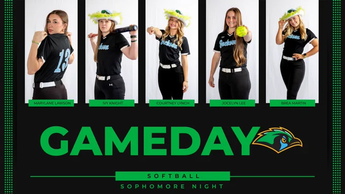 Graphic for Jackson State Community College Softball “GAMEDAY – Sophomore Night.” The design features a black background with bright green accents and dotted side borders. Across the top are five sophomore players in black Jackson uniforms posing individually: Marylane Lawson, Ivy Knight (holding a bat), Courtney Lynch (pointing forward), Jocelyn Lee (holding a softball toward the camera), and Brea Martin (wearing a decorative hat and smiling). Their names appear below each image in green nameplates.

Centered below the players is large bold green text reading “GAMEDAY,” alongside the Green Jays logo. Beneath it, smaller green text reads “SOFTBALL” and “SOPHOMORE NIGHT.” The overall design is clean, energetic, and celebratory, highlighting the sophomore class.