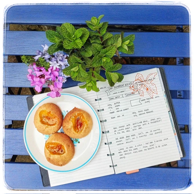 A vintage plate of jam biscuits resting on an open notebook with the handwritten recipe page on show, with little vases of wild garden flowers & mint above, all on a blue painted slatted table.