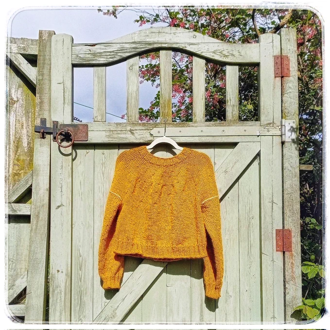 A yellow jumper now with both sleeves all finished knitting & hanging on the back of a weathered garden gate.