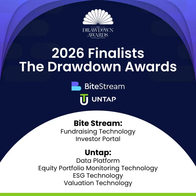 2026 Finalists The Drawdown Awards - Bite Stream   Untap.  Categories for Bite Stream: Fundraising Technology &amp; Investor Portal. Categories for Untap: Data Platform, Equity Portfolio Monitoring Technology, ESG Technology, Valuation Technology
