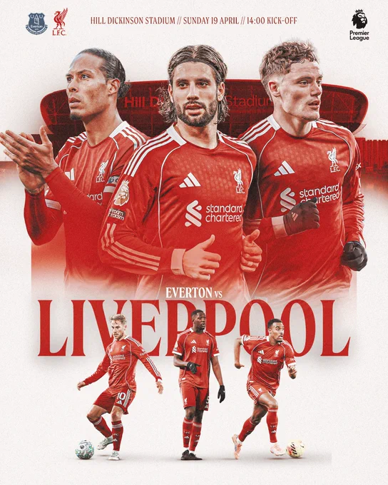 A matchday graphic for Everton v Liverpool. Featuring: Virgil van Dijk, Dominik Szoboszlai, Florian Wirtz, Alexis Mac Allister, Ibrahima Konate and Ryan Gravenberch.

Fixture details:
Everton v Liverpool 
Hill Dickinson Stadium 
Sunday 19 April 
14:00 kick-off
Premier League