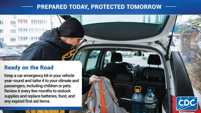 A person places a backpack into the open trunk of a car. The scene includes a prepared emergency kit. The text on the image advises keeping a car emergency kit updated with supplies like batteries and food. The image features the CDC logo and the slogan, "Prepared Today, Protected Tomorrow."