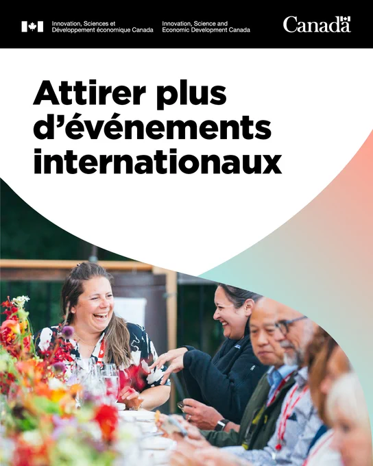 Plusieurs personnes assises à une table à l’extérieur. Texte : Attirer plus d’événements internationaux.