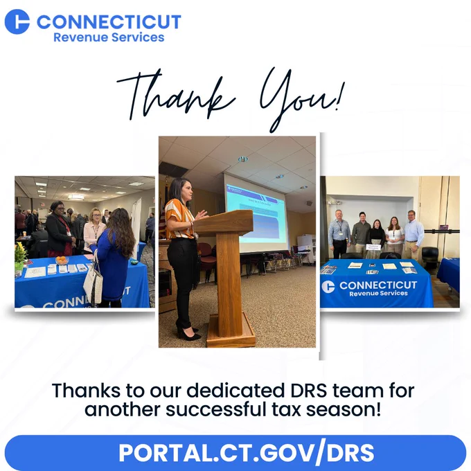 A photo collage of DRS employees with a message of thanks for their hard work this tax season. 