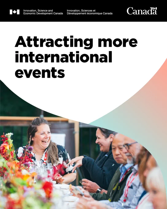 People gathered around a long outdoor table. 
Text: Attracting more international events.