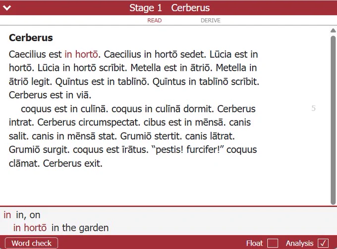 Image of a story explorer (or parsing tool) for the first story in the Cambridge Latin Course. The words 'in horto' are highlighted in red and their meaning 'in the garden' is shown below the story text.