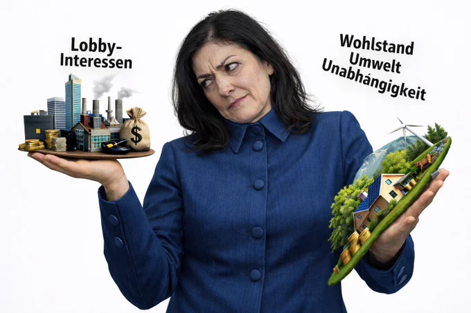 Reiche auf weißem Hintergrund blickt zur Lobby-Seite, während die Hand mit „Wohlstand, Umwelt, Unabhängigkeit“ schräg kippt und die erneuerbare Welt abrutscht.