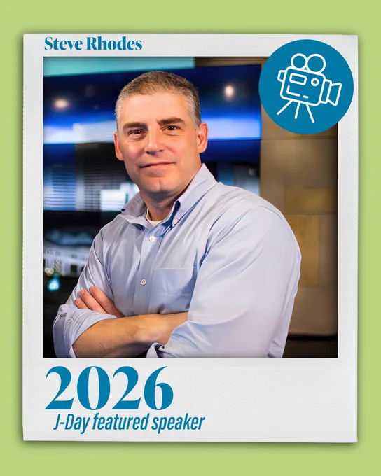 Polaroid-style promotional card on a green background featuring Steve Rhodes, 2026 J-Day featured speaker, with a teal film camera icon in the corner.
