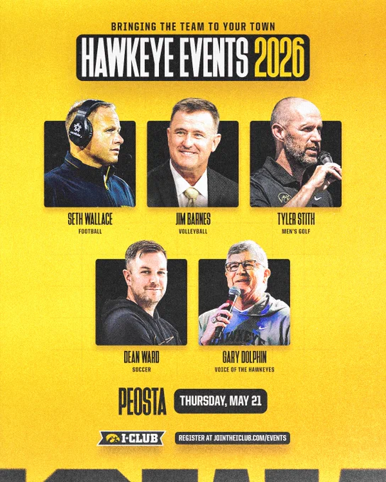 Graphic titled “Hawkeye Events 2026” showing photos of Iowa coaches from multiple sports on a yellow background. City listed - Peosta. An I‑Club logo and registration link appear at the bottom.