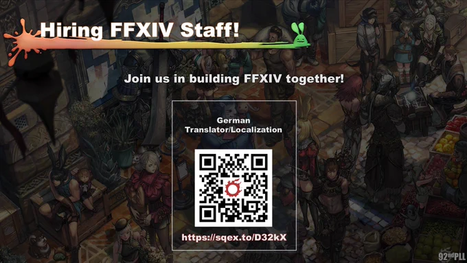 A slide from the Final Fantasy 14 Letter from the Producer Live Part 92 that reads: Hiring Final Fantasy 14 staff! Join us in building Final Fantasy 14 together! German translator/localization.