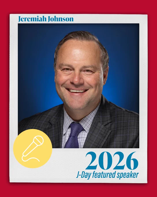 Polaroid-style promotional card on a red background featuring Jeremiah Johnson, 2026 J-Day featured speaker, with a yellow microphone icon in the corner.
