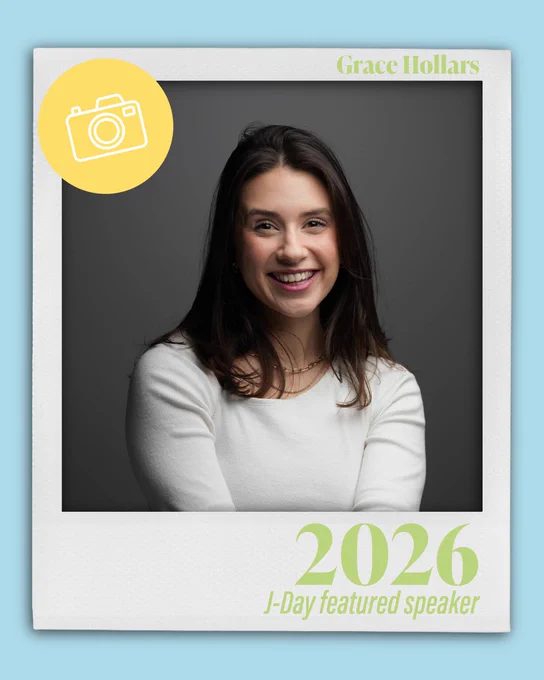 Polaroid-style promotional card on a light blue background featuring Grace Hollars, 2026 J-Day featured speaker, with a yellow camera icon in the corner.
