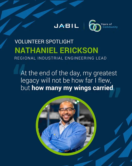 Promotional image featuring a quote by Nathaniel Erickson, regional industrial engineering lead. The text highlights volunteer work, with a Jabil logo and "60 Years of Community." The blue background includes a pattern of triangles. A circular inset shows a person smiling in a blue lab coat.