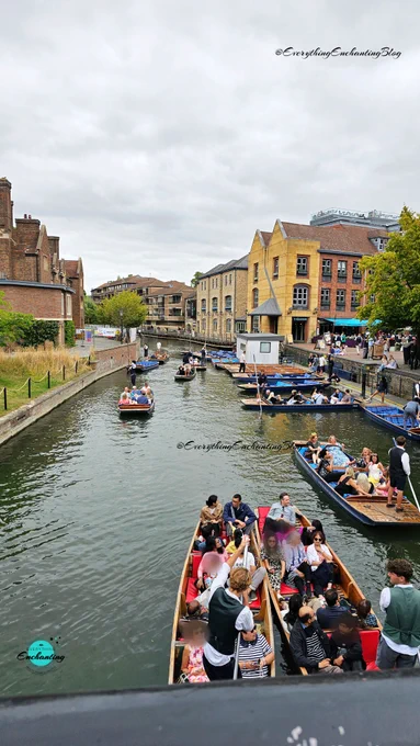A high-angle view of the River Cam in Cambridge, England, filled with numerous traditional wooden punts. Tourists sit in the flat-bottomed boats while guides at the stern use long poles to steer. The river flows between historic brown brick buildings and modern yellow-brick structures under a cloudy sky. Featured on Everything Enchanting blog's social media pages.