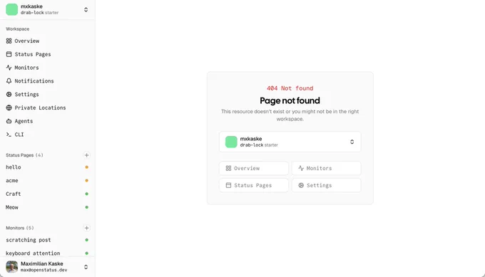 404 page of the dashboard with description, workspace switcher and quick links