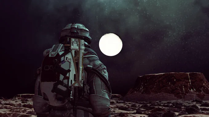 A photo from Starfield of a character on a rocky planet landscape looking up at the sky