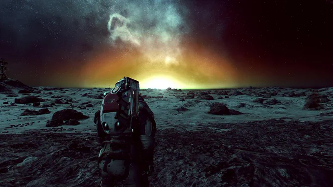 A photo from Starfield of a character in a spacesuit looking out over a flat landscape with a colorful horizon