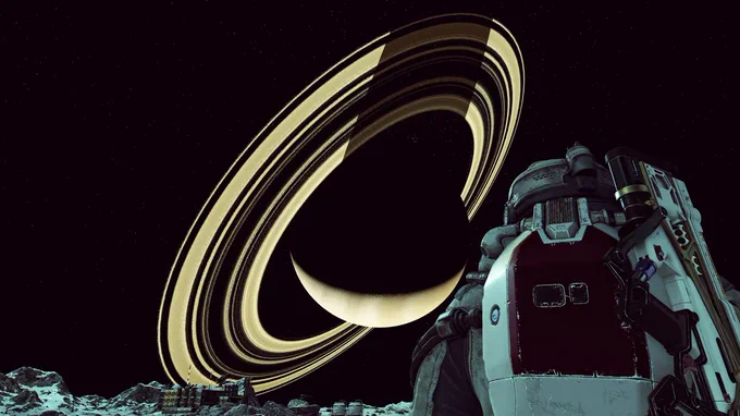A photo from Starfield of a character on a baren planet looking up at a ringed planet