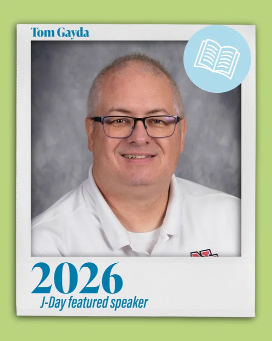Polaroid-style promotional card on a green background featuring Tom Gayda, 2026 J-Day featured speaker, with a light blue open book icon in the corner.
