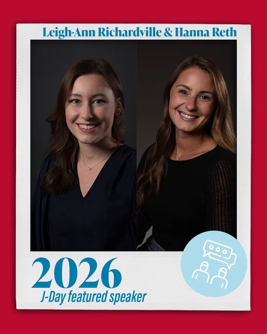 Polaroid-style promotional card on a red background featuring co-speakers Leigh-Ann Richardville and Hanna Reth, 2026 J-Day featured speakers, with a light blue AI chat icon in the corner.