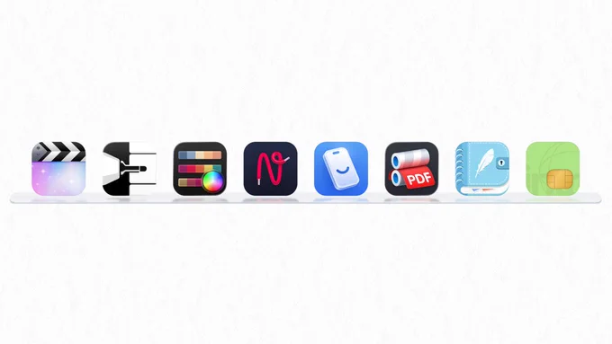 Eight app icons displayed in a row, showcasing various tools for video editing, color design, document creation, and organization.