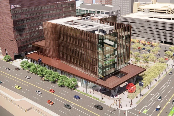 Exterior architectural rendering of the University of Arizona Center for Advanced Molecular and Immunological Therapies (CAMI) in downtown Phoenix at 7th and Fillmore, where Luminous Egress will install glow markings in emergency exit paths for McCarthy Building Companies, Inc.