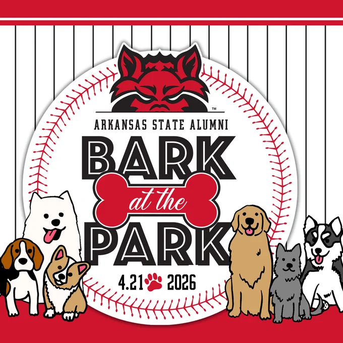 Promotional graphic for Arkansas State Alumni “Bark at the Park.” A large baseball with red stitching features the text “Bark at the Park” with a red bone icon and the date “4.21 2026.” A red wolf mascot appears at the top of the baseball. Illustrated dogs of various breeds sit and stand on both sides of the baseball against a red and white background resembling a baseball field.