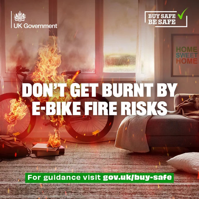 Image of burning e-bike and message - Don't get burnt by e-bike fire risks.