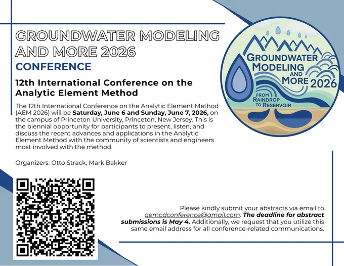 Promotional graphic for Groundwater Modeling and More 2026, 12th International Conference on the Analytic Element Method, taking place on June 6- June 7. The mostly white design includes blue accents in the corners and the main conference logo at the top right. Centered text lists the organizers, describes the conference, and information about abstract submission on the bottom right. A QR code at the bottom left links to the conference website.