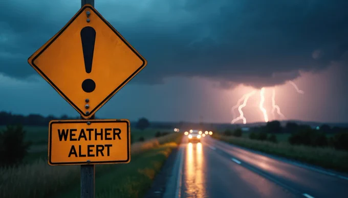 A stormy evening scene with a "Weather Alert" road sign in the foreground. Lightning flashes illuminate dark clouds in the sky, while car headlights are visible on a wet road.