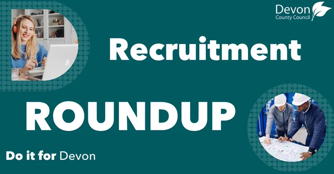 Two images in the shapes of the letters D and O. The D in the top left shows an adult working on a laptop in front of them. The second picture shows two engineers looking at a document while leaning over a desk. Between this is written: " Recruitment Roundup".