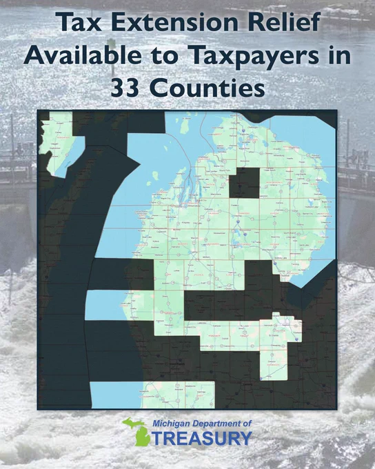 A map of the state of emergency counties in Michigan: Alcona, Allegan, Alpena, Antrim, Arenac, Barry, Benzie, Charlevoix, Clare, Crawford, Emmet, Grand Traverse, Gratiot, Iosco, Kalkaska, Lake, Leelanau, Manistee, Menominee, Missaukee, Montcalm, Montmorency, Newaygo, Oceana, Ogemaw, Oscoda, Osceola, Presque Isle, Roscommon, Saginaw, Shiawassee and Wexford.