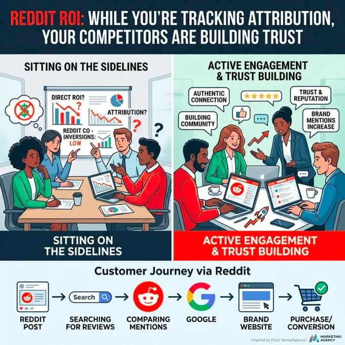 Header:
REDDIT ROI: WHILE YOU'RE TRACKING ATTRIBUTION, YOUR COMPETITORS ARE BUILDING TRUST

Left Panel — SITTING ON THE SIDELINES
Speech bubble/thought bubble text:

Direct ROI?
Attribution?
Reddit Co-inversions: LOW

Bottom label: SITTING ON THE SIDELINES

Right Panel — ACTIVE ENGAGEMENT & TRUST BUILDING
Speech bubble text:

Authentic Connection
Building Community
⭐⭐⭐⭐⭐ (5 stars)
Trust & Reputation
Brand Mentions Increase

Bottom label: ACTIVE ENGAGEMENT & TRUST BUILDING

Bottom Section — Customer Journey via Reddit
Reddit Post → Searching for Reviews → Comparing Mentions → Google → Brand Website → Purchase/Conversion