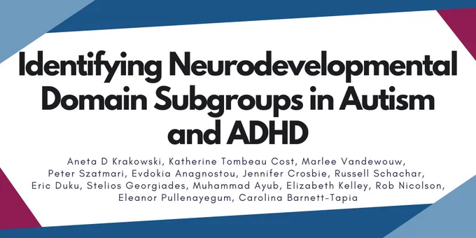 The study title is Identifying neurodevelopmental domain subgroups in autism and ADHD. The study authors include Aneta D Krakowski, Katherine Tombeau Cost, Marlee Vandewouw, Peter Szatmari, Evdokia Anagnostou, Jennifer Crosbie, Russell Schachar, Eric Duku, Stelios Georgiades, Muhammad Ayub, Elizabeth Kelley, Rob Nicolson, Eleanor Pullenayegum, and Carolina Barnett-Tapia.