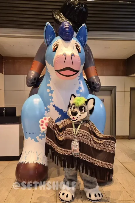 Photograph of a grey and white canine fursuit, with green hair and black ears. They are standing in front of a huge Blue horse inflatable, being ridden by an anthropomorphic Scottish Terrier, which is standing behind them.
The text in the bottom left reads "@SethSholf".