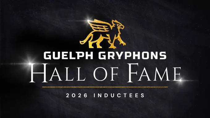 Logo for the Guelph Gryphons Hall of Fame, featuring a stylized gryphon and text reading "2026 Inductees" on a dark background.