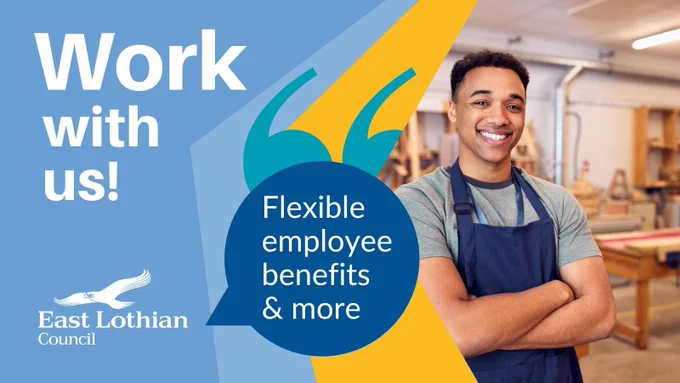 A smiling man in an apron in a workshop, with text "Work with us!" and "Flexible employee benefits & more".