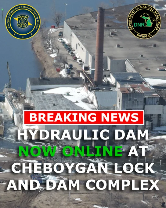 graphic that says "Hydraulic dam now online at Cheboygan lock and dam complex "