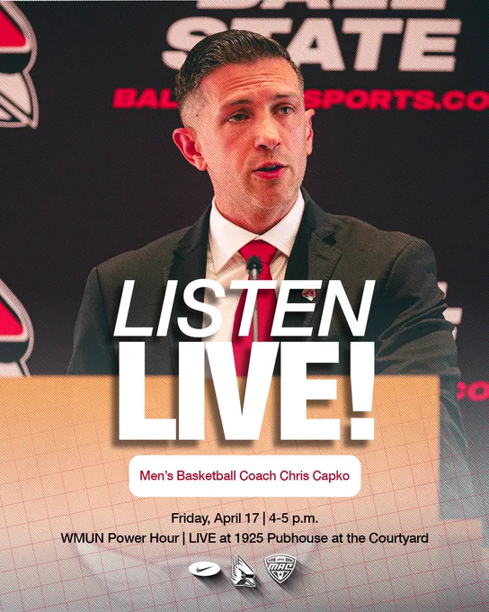 Ball State men’s basketball coach Chris Capko is pictured speaking behind a podium with the words “LISTEN LIVE” in large text.

The picture is part of a promotional announcement:

It’s that time of year again! @MarkWMUN opens his Summer Power Hour series with guest Chris Capko at the @1925Pub today at 4pm!

If you can’t listen on @WMUNMuncie, come join us LIVE at The Pubhouse!

****
Additional logos are white versions of Nike, Ball State Athletics and the Mid-American Conference. Ball State athletics is sponsored by Nike and Ball State men’s basketball is a proud member of the Mid-American Conference.
