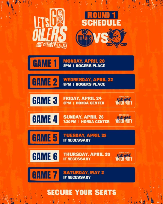 The full Round 1 schedule between the Oilers & Ducks with home & road game details listed